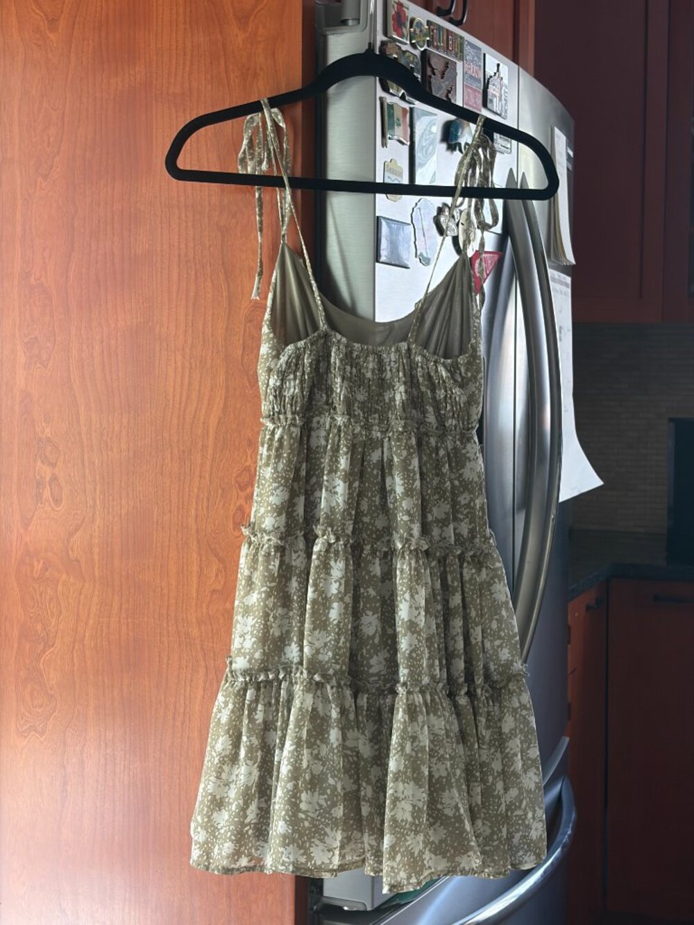 Blu Pepper Babydoll Dress Small Mini Tiered Olive Green Floral Y2K Lined Fairy - Picture 2 of 6